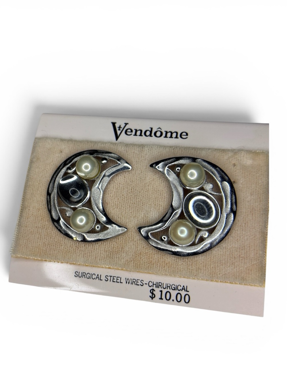 Vintage Vendome Silver Crescent Moon Pearl Earrings